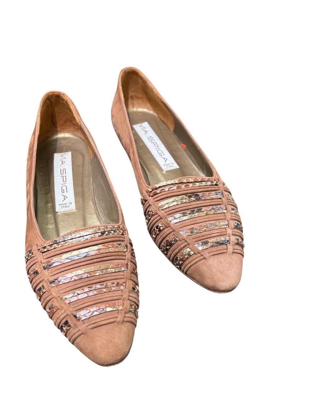 Via Spiga Italy Suede Pointed Toe Flats 7.5 Nude Snake Woven Ballet Shoes